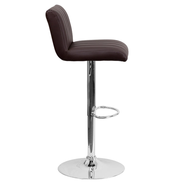 Brown |#| Brown Vinyl Adjustable Barstool with Vertical Stitch Back/Seat & Chrome Base