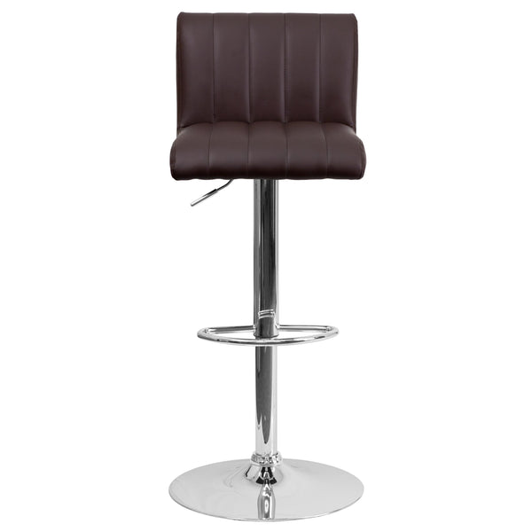 Brown |#| Brown Vinyl Adjustable Barstool with Vertical Stitch Back/Seat & Chrome Base