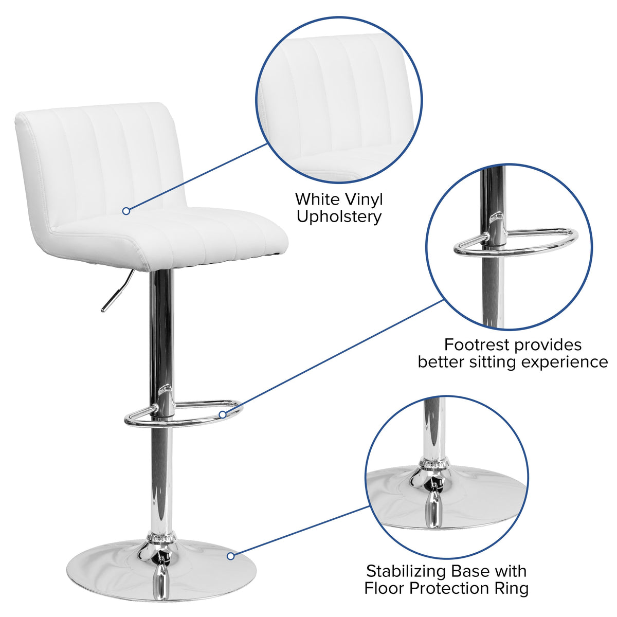 White |#| White Vinyl Adjustable Barstool with Vertical Stitch Back/Seat and Chrome Base