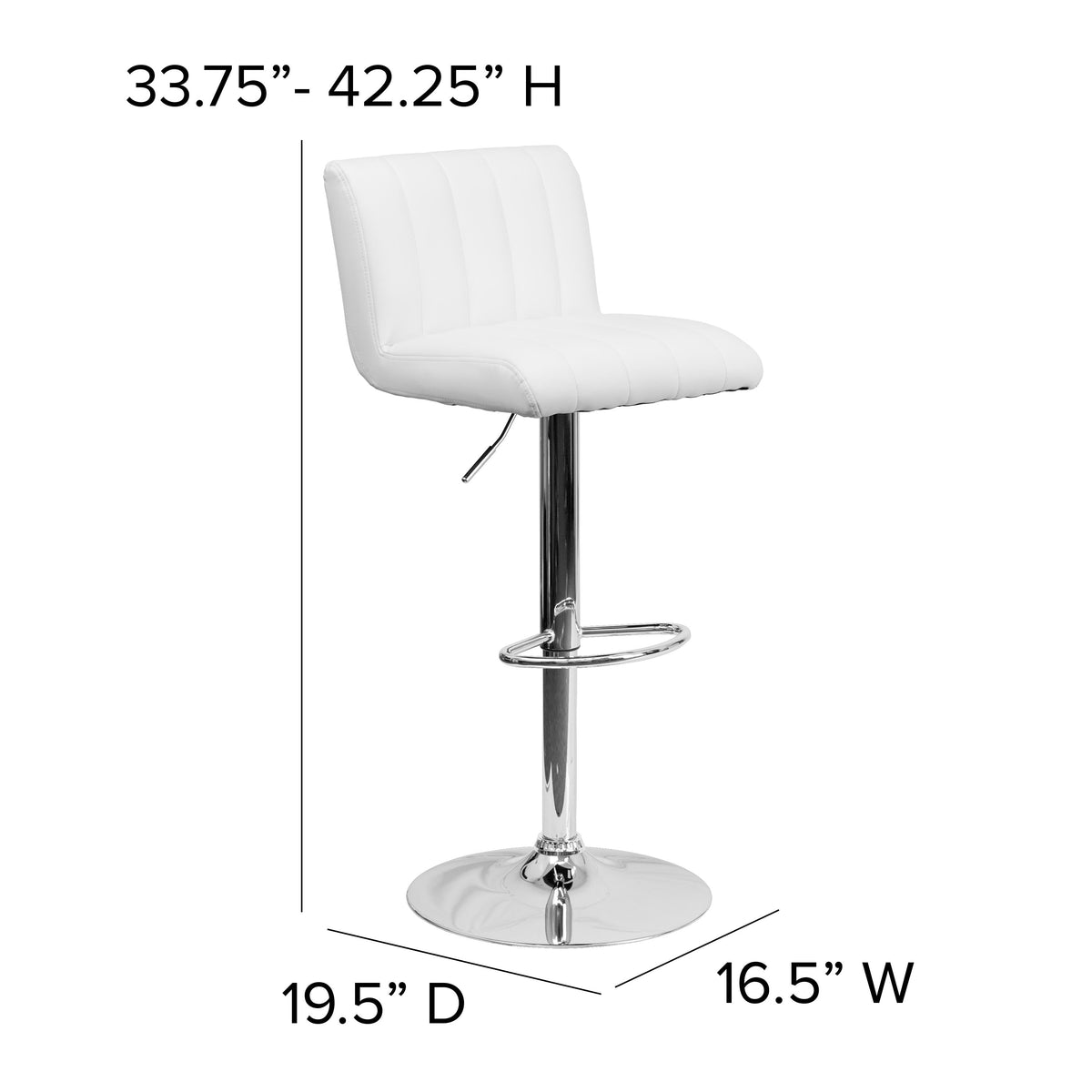 White |#| White Vinyl Adjustable Barstool with Vertical Stitch Back/Seat and Chrome Base