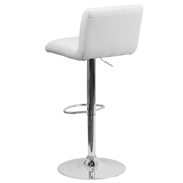 White |#| White Vinyl Adjustable Barstool with Vertical Stitch Back/Seat and Chrome Base