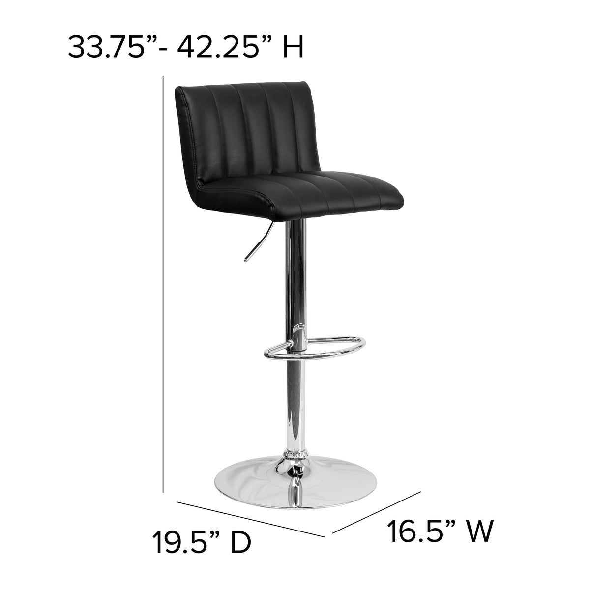 Black |#| Black Vinyl Adjustable Barstool with Vertical Stitch Back/Seat & Chrome Base