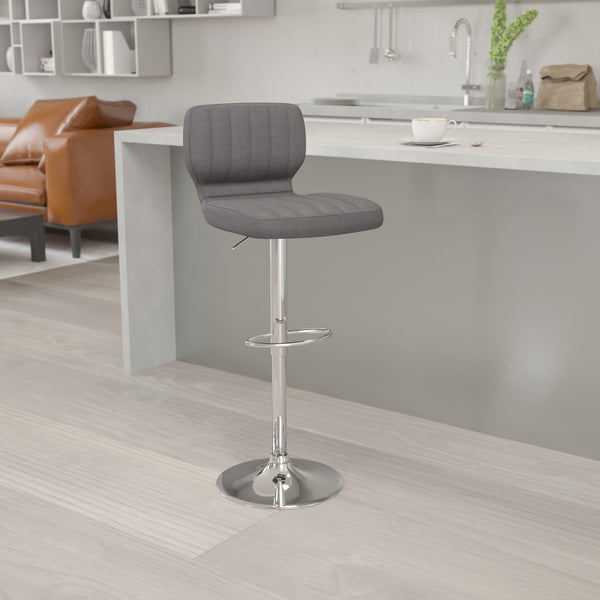 Gray Vinyl |#| Gray Vinyl Adjustable Height Barstool w/ Vertical Stitch Back & Chrome Base