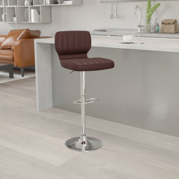 Brown Vinyl |#| Brown Vinyl Adjustable Height Barstool w/ Vertical Stitch Back & Chrome Base