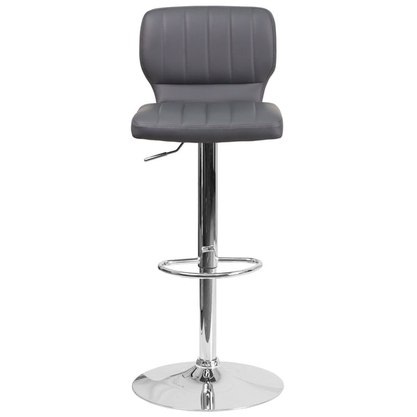 Gray Vinyl |#| Gray Vinyl Adjustable Height Barstool w/ Vertical Stitch Back & Chrome Base