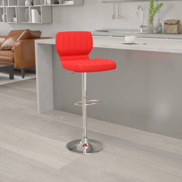 Red Vinyl |#| Red Vinyl Adjustable Height Barstool w/ Vertical Stitch Back & Chrome Base