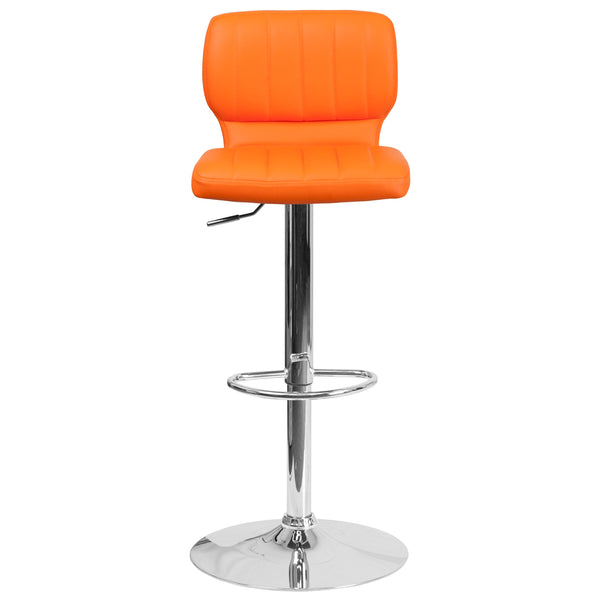 Orange Vinyl |#| Orange Vinyl Adjustable Height Barstool w/ Vertical Stitch Back & Chrome Base