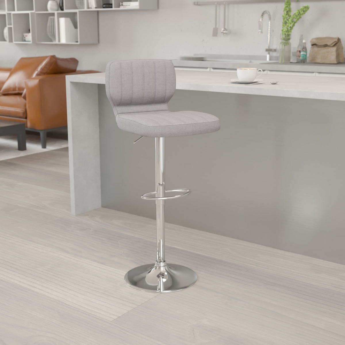 Gray Fabric |#| Gray Fabric Adjustable Height Barstool w/ Vertical Stitch Back & Chrome Base