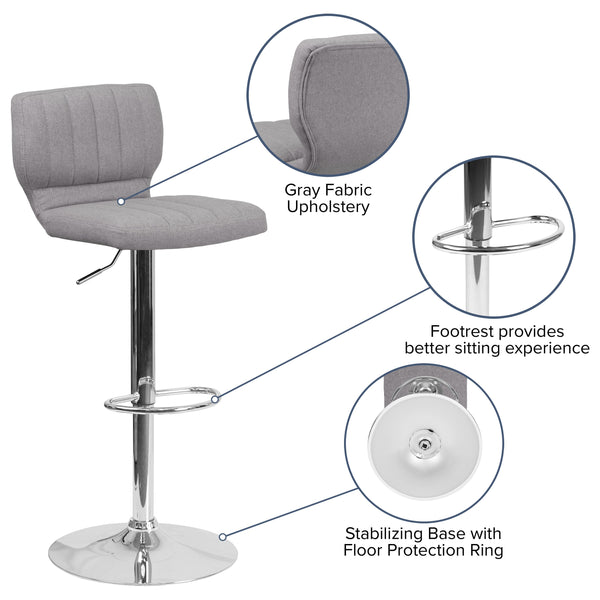 Gray Fabric |#| Gray Fabric Adjustable Height Barstool w/ Vertical Stitch Back & Chrome Base