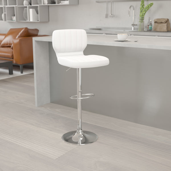 White Vinyl |#| White Vinyl Adjustable Height Barstool w/ Vertical Stitch Back & Chrome Base