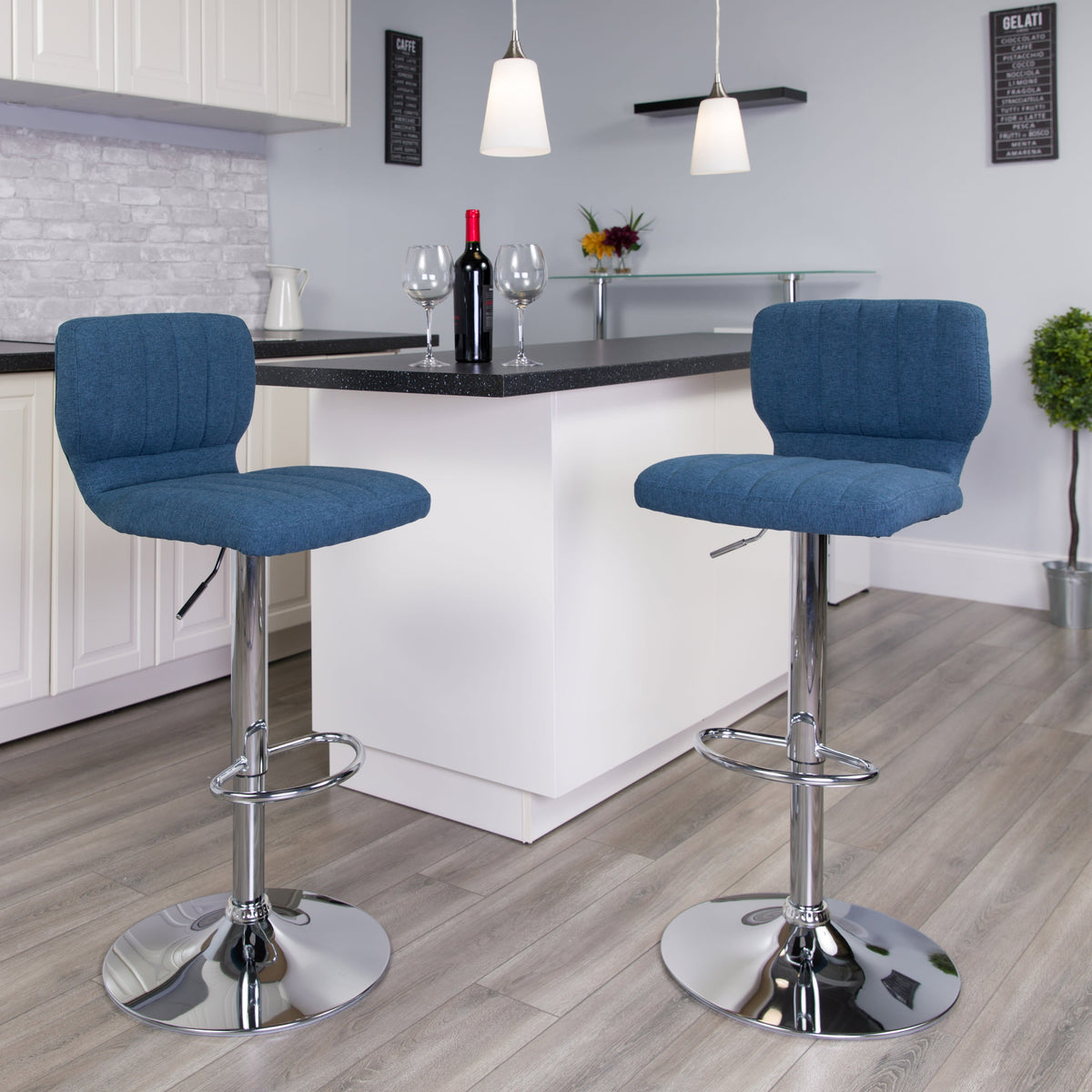 Blue Fabric |#| Blue Fabric Adjustable Height Barstool w/ Vertical Stitch Back & Chrome Base