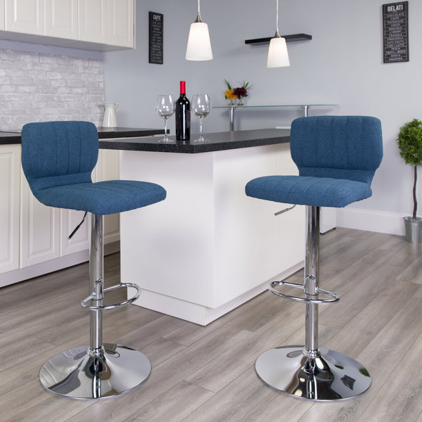 Blue Fabric |#| Blue Fabric Adjustable Height Barstool w/ Vertical Stitch Back & Chrome Base