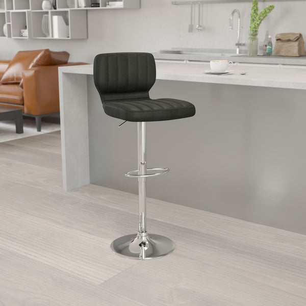 Black Vinyl |#| Black Vinyl Adjustable Height Barstool w/ Vertical Stitch Back & Chrome Base