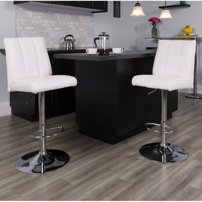 Contemporary Vinyl Adjustable Height Barstool with Vertical Stitch Panel Back and Chrome Base