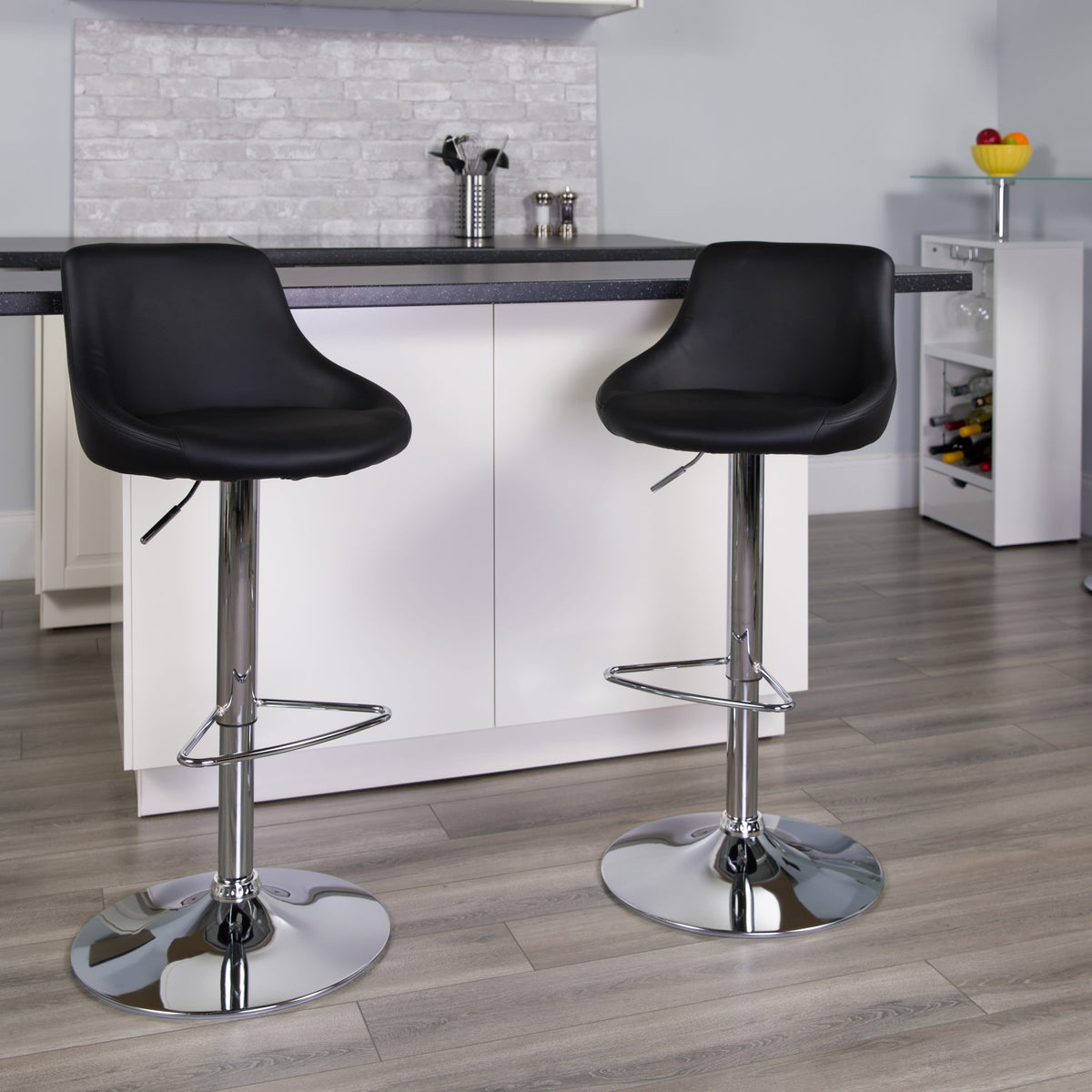 Black |#| Contemporary Black Vinyl Bucket Seat Adjustable Height Barstool with Chrome Base