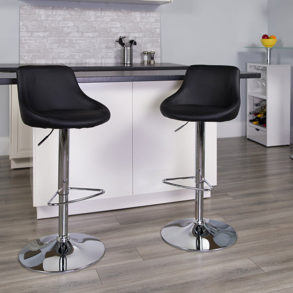 Black |#| Contemporary Black Vinyl Bucket Seat Adjustable Height Barstool with Chrome Base