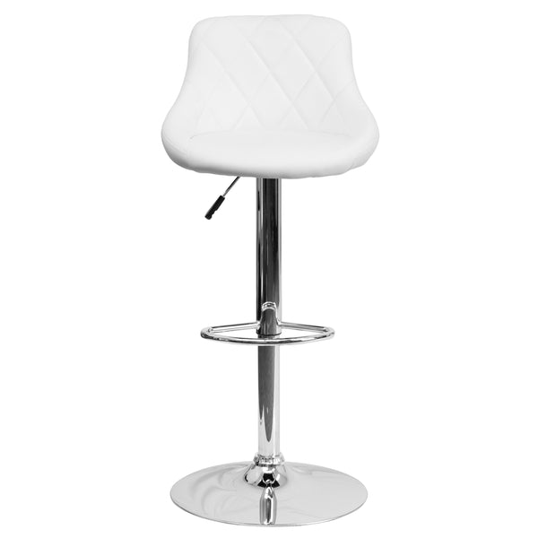 White |#| White Vinyl Bucket Seat Adjustable Height Barstool with Diamond Pattern Back