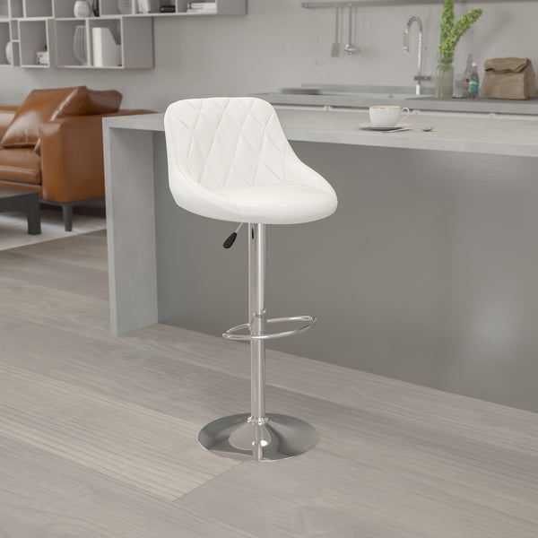 White |#| White Vinyl Bucket Seat Adjustable Height Barstool with Diamond Pattern Back