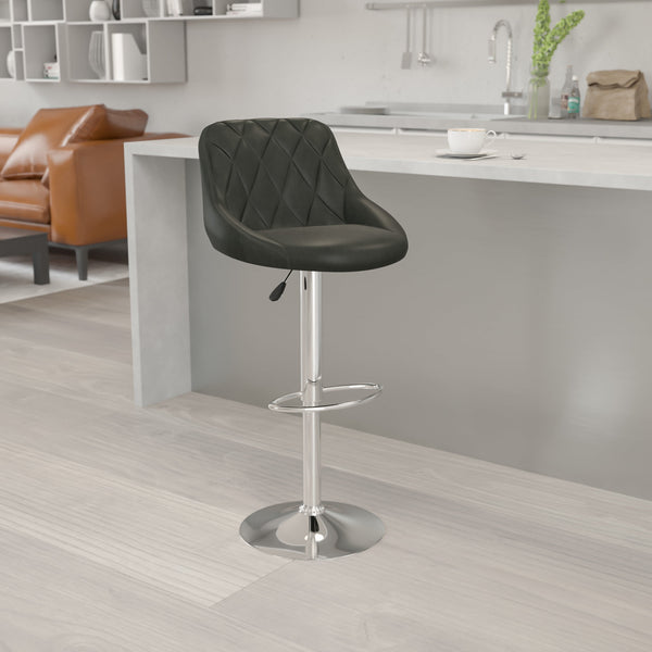 Black |#| Black Vinyl Bucket Seat Adjustable Height Barstool with Diamond Pattern Back