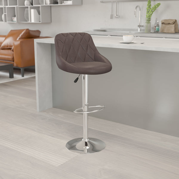 Brown |#| Brown Vinyl Bucket Seat Adjustable Height Barstool with Diamond Pattern Back