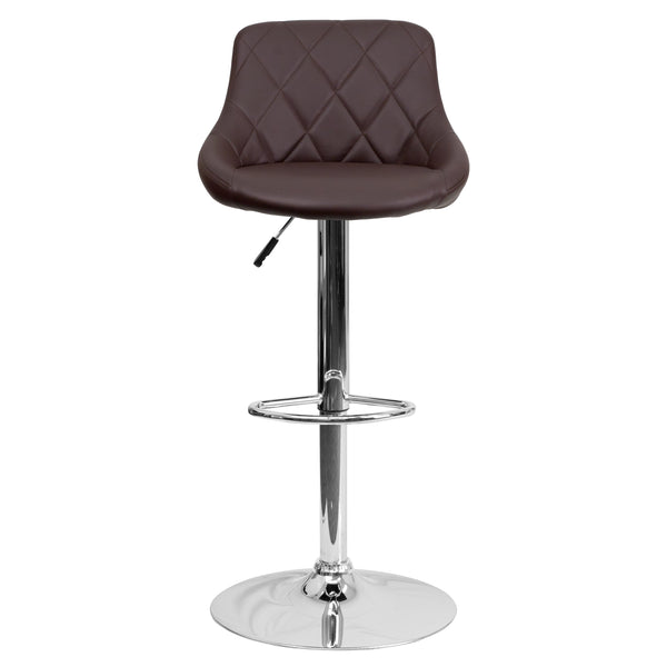 Brown |#| Brown Vinyl Bucket Seat Adjustable Height Barstool with Diamond Pattern Back