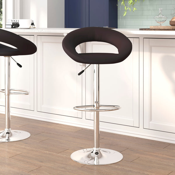 Brown |#| Brown Vinyl Rounded Orbit-Style Back Adjustable Height Barstool w/ Chrome Base