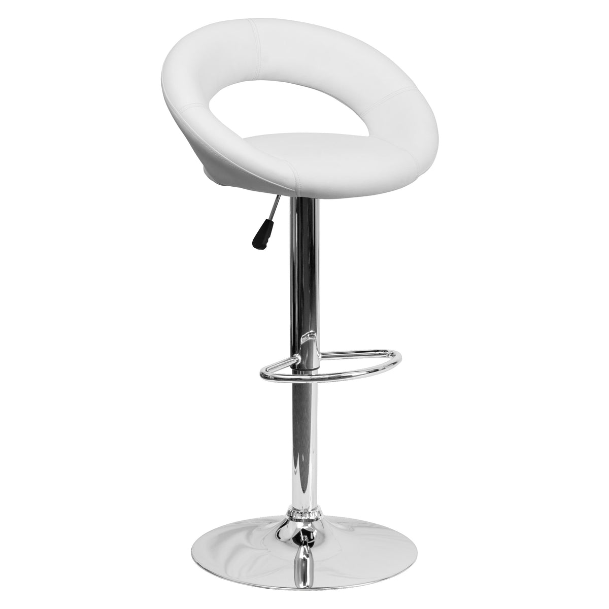 White |#| White Vinyl Rounded Orbit-Style Back Adjustable Height Barstool w/ Chrome Base