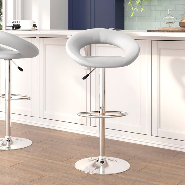 White |#| White Vinyl Rounded Orbit-Style Back Adjustable Height Barstool w/ Chrome Base