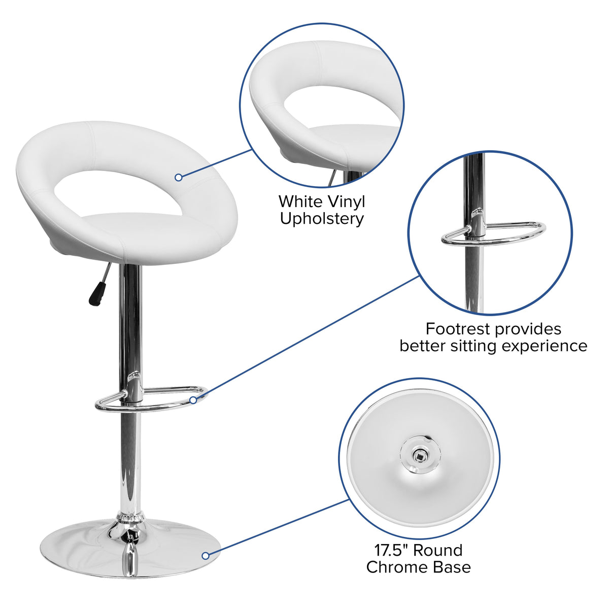 White |#| White Vinyl Rounded Orbit-Style Back Adjustable Height Barstool w/ Chrome Base