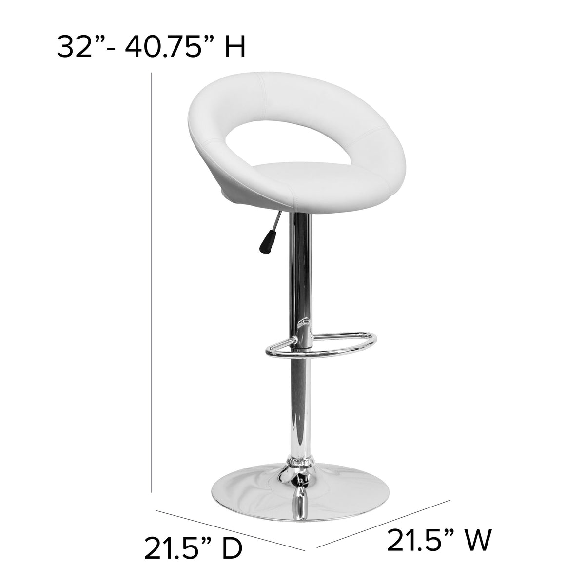 White |#| White Vinyl Rounded Orbit-Style Back Adjustable Height Barstool w/ Chrome Base