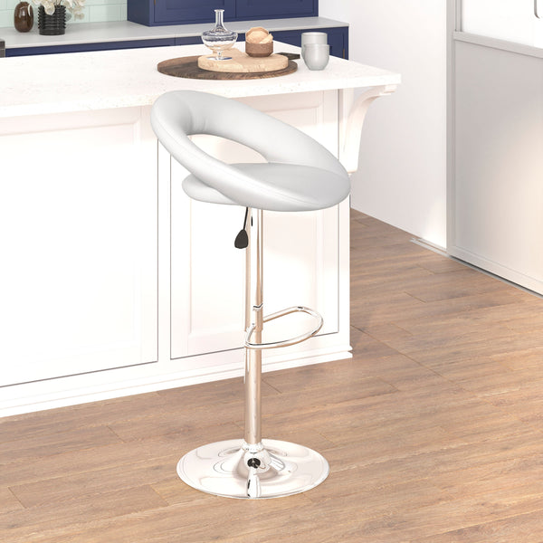 White |#| White Vinyl Rounded Orbit-Style Back Adjustable Height Barstool w/ Chrome Base