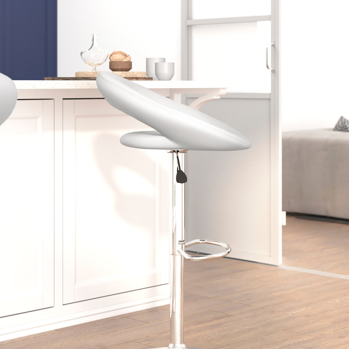 White |#| White Vinyl Rounded Orbit-Style Back Adjustable Height Barstool w/ Chrome Base