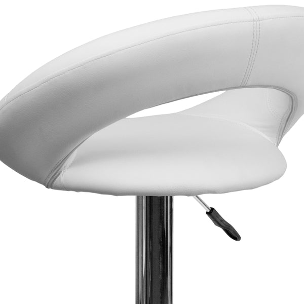 White |#| White Vinyl Rounded Orbit-Style Back Adjustable Height Barstool w/ Chrome Base