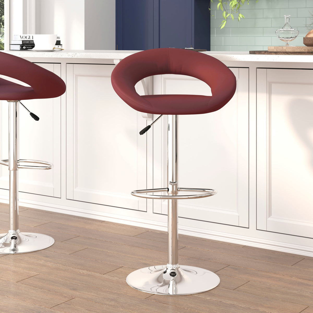 Burgundy |#| Burg Vinyl Rounded Orbit-Style Back Adjustable Height Barstool w/ Chrome Base