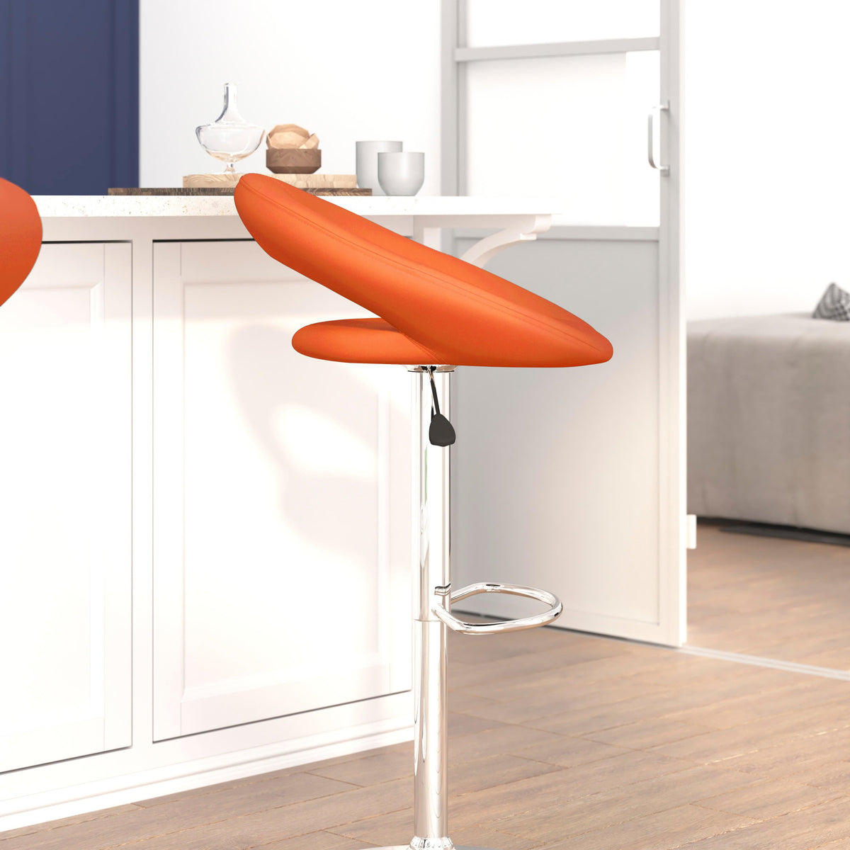 Orange |#| Orange Vinyl Rounded Orbit-Style Back Adjustable Height Barstool w/ Chrome Base