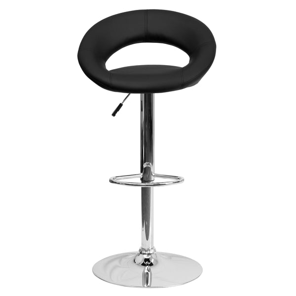 Black |#| Black Vinyl Rounded Orbit-Style Back Adjustable Height Barstool w/ Chrome Base