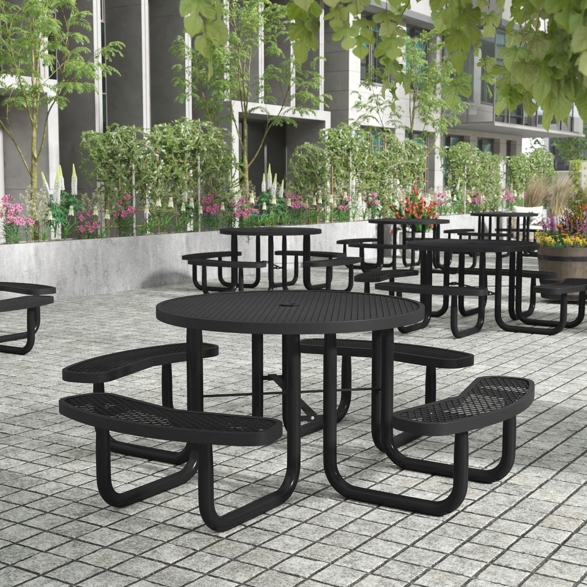 Black |#| Commercial 46 Inch Round Expanded Mesh Metal Picnic Table with Anchors - Black