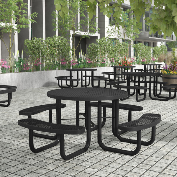 Black |#| Commercial 46 Inch Round Expanded Mesh Metal Picnic Table with Anchors - Black