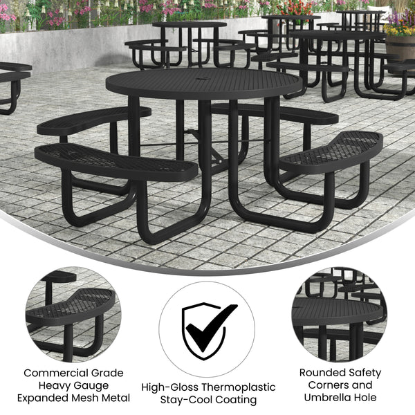Black |#| Commercial 46 Inch Round Expanded Mesh Metal Picnic Table with Anchors - Black