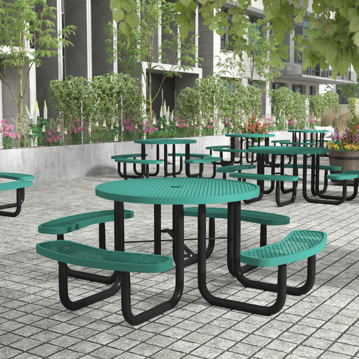 Green |#| Commercial 46 Inch Round Expanded Mesh Metal Picnic Table with Anchors - Green