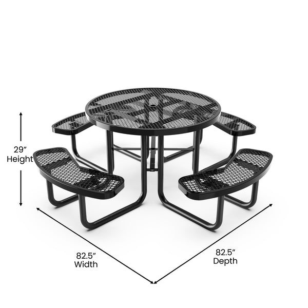Black |#| Commercial 46 Inch Round Expanded Mesh Metal Picnic Table with Anchors - Black