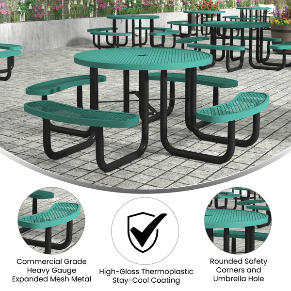 Green |#| Commercial 46 Inch Round Expanded Mesh Metal Picnic Table with Anchors - Green