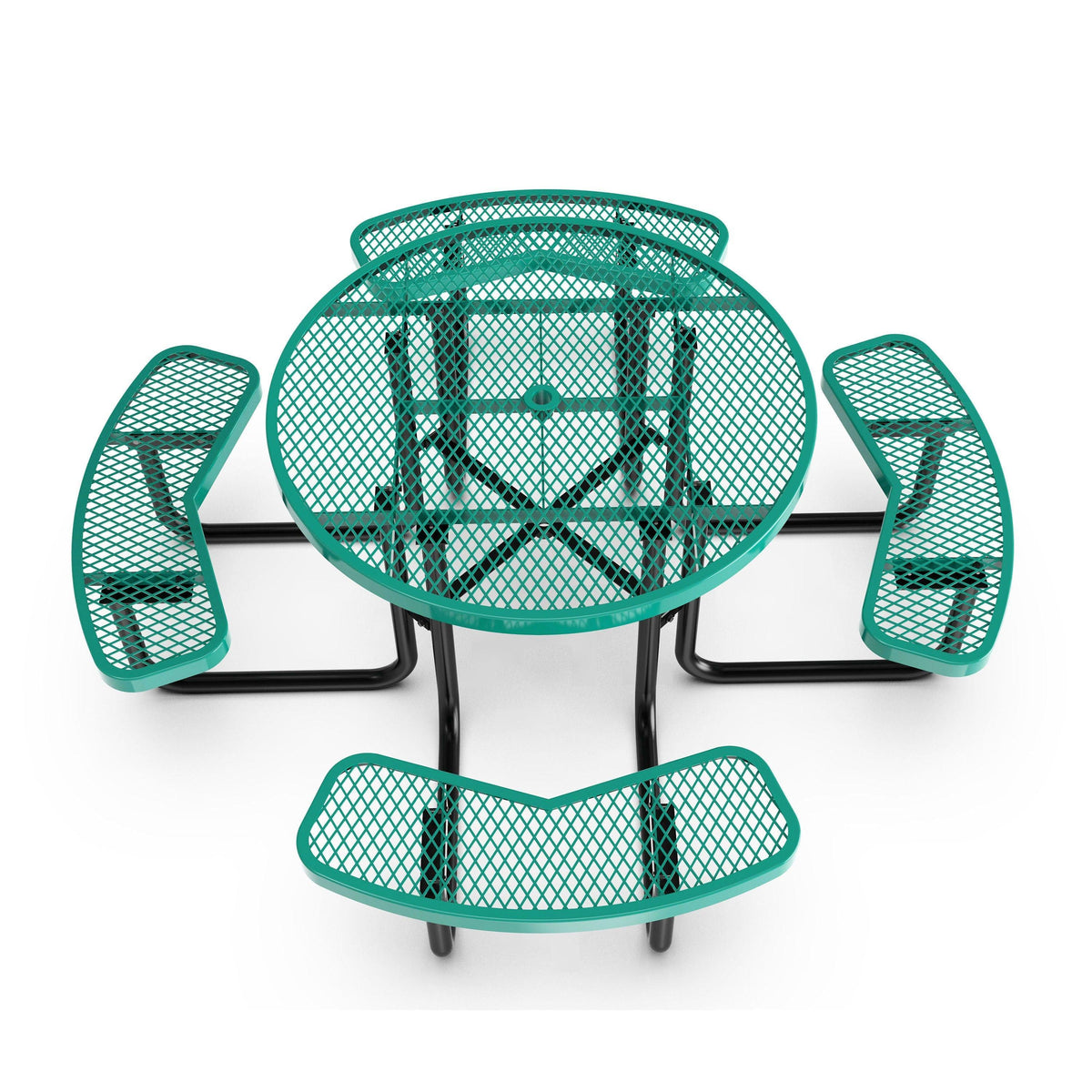 Green |#| Commercial 46 Inch Round Expanded Mesh Metal Picnic Table with Anchors - Green