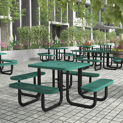 Creekside Outdoor Picnic Table with Commercial Heavy Gauge Expanded Metal Mesh Seats and Top with Umbrella Hole, Steel Frame, Ground Anchors - View 2