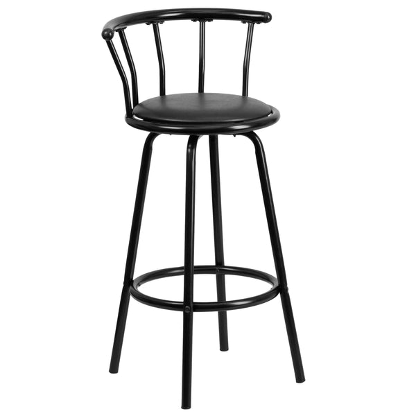 Crown Back Black Metal Barstool with Black Vinyl Swivel Seat and Footrest