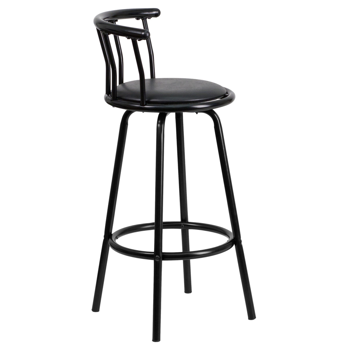 Crown Back Black Metal Barstool with Black Vinyl Swivel Seat and Footrest