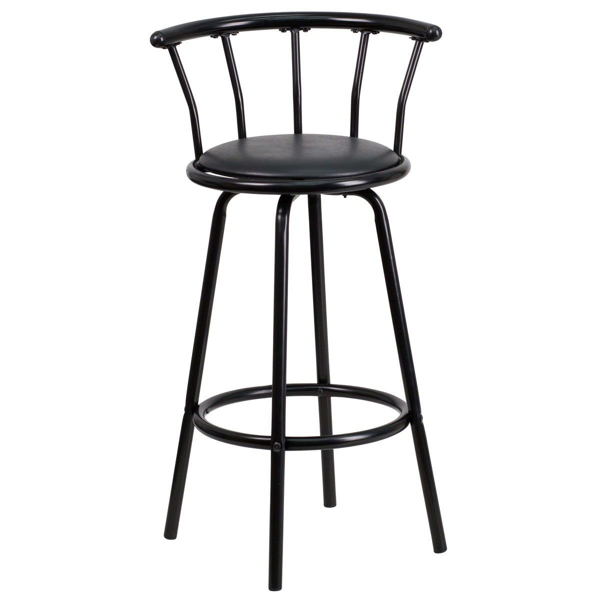 Crown Back Black Metal Barstool with Black Vinyl Swivel Seat and Footrest