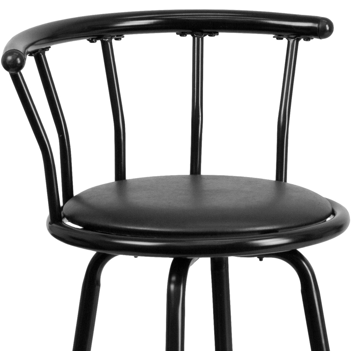 Crown Back Black Metal Barstool with Black Vinyl Swivel Seat and Footrest