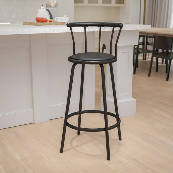 Crown Back Black Metal Barstool with Black Vinyl Swivel Seat and Footrest