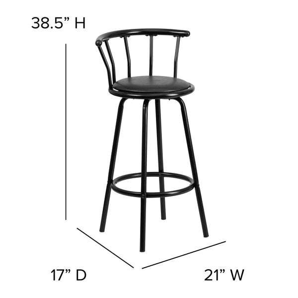 Crown Back Black Metal Barstool with Black Vinyl Swivel Seat and Footrest